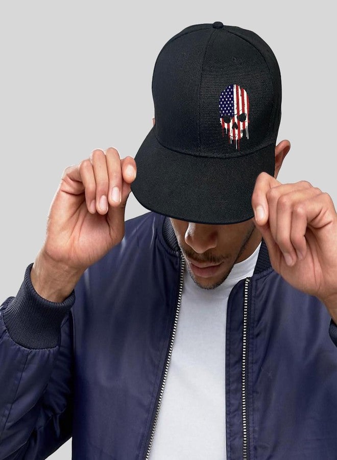 viofre Mens Hat Flat Bill Hats for Men Snapback Hats for Men American Flag Skull Hat Adjustable Black Baseball Caps Flat Brim Fitted Hip Hop Cool Trucker Cap for Mens Skateboard Accessories - Image 2